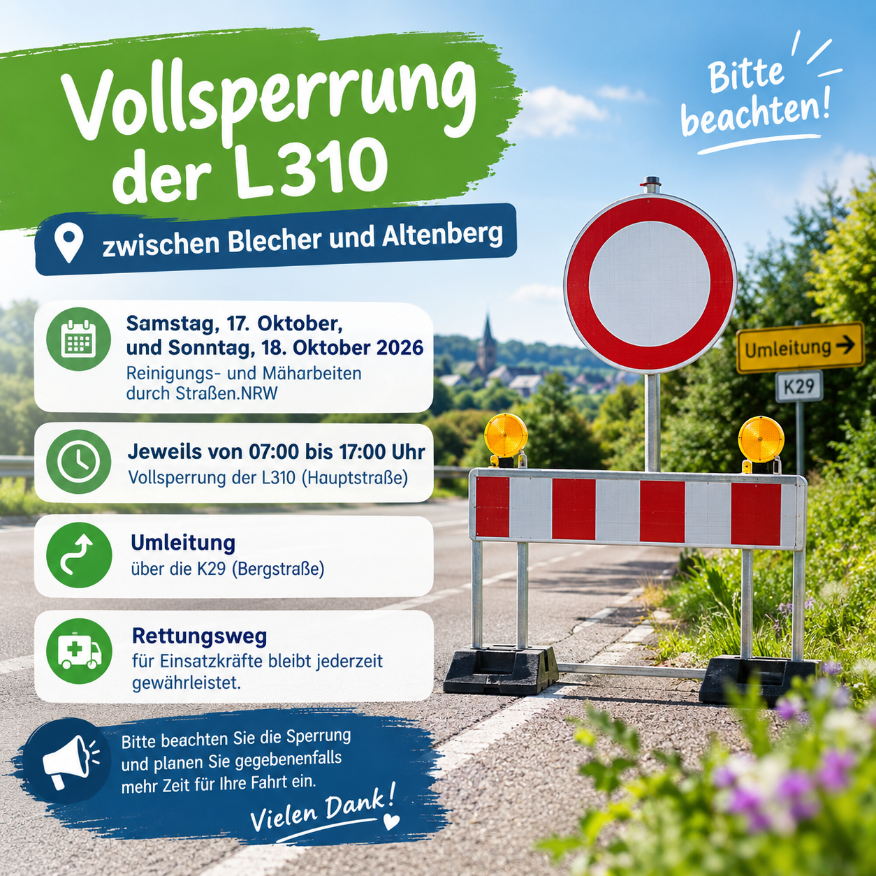 KI-generiertes Bild mit Straßenbarke und Durchfahrtsverboten-Schild und Text zur Sperrung der L310