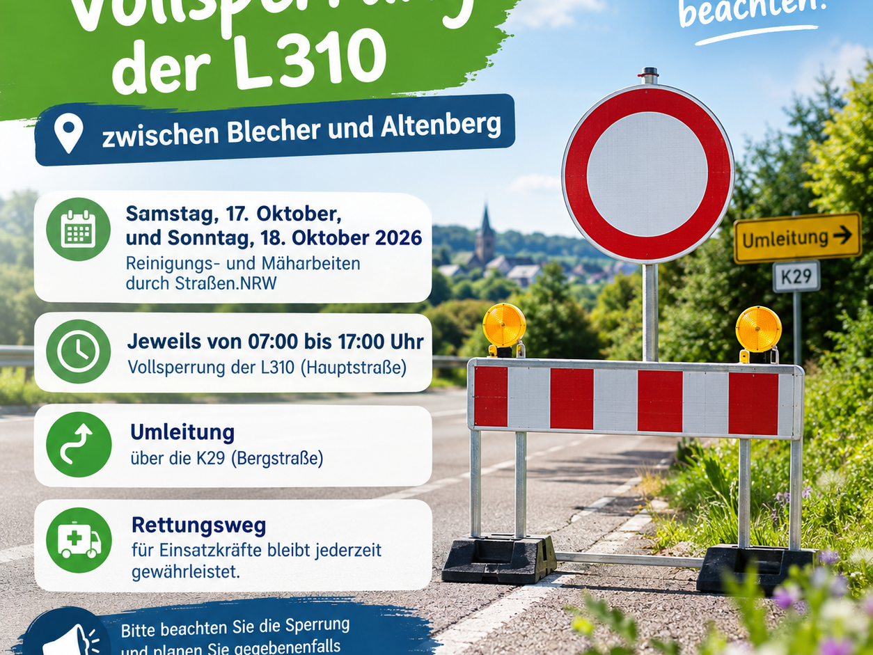 KI-generiertes Bild mit Straßenbarke und Durchfahrtsverboten-Schild und Text zur Sperrung der L310
