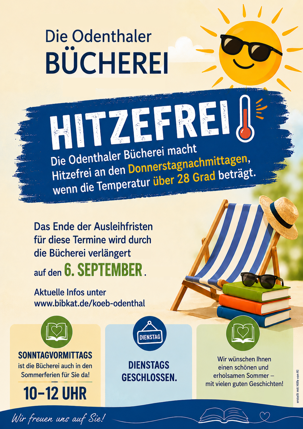 Plakat mit Liegestuhl Sonnenhut Büchern und der Information Hitzefrei (c) KÖB Odenthal Plakat mit Liegestuhl Sonnenhut Büchern und der Information Hitzefrei
