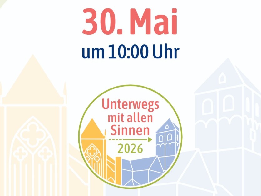 Titelbild zur 2. Erlebniswanderung mit dem Logo 'Unterwegs mit allen Sinnen' und Bildern vom Altenberger Dom und der Kirche st. Pankratius