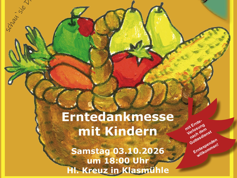 Erntedank Klasmühle 2026 Korb mit Früchten mit Aufschrift 'Erntedankmesse mit KIndern'