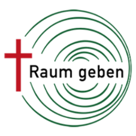 Logo der Kevelaer Wallfahrt - Rotes Kreuz und Grüne Kreise um den Text Raum geben