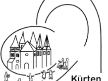 Logo St. Marien Kürten Zeichnung der Kirche und Linien die zu einem Herz geformt sind.