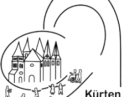 Logo St. Marien Kürten Zeichnung der Kirche und Linien die zu einem Herz geformt sind.