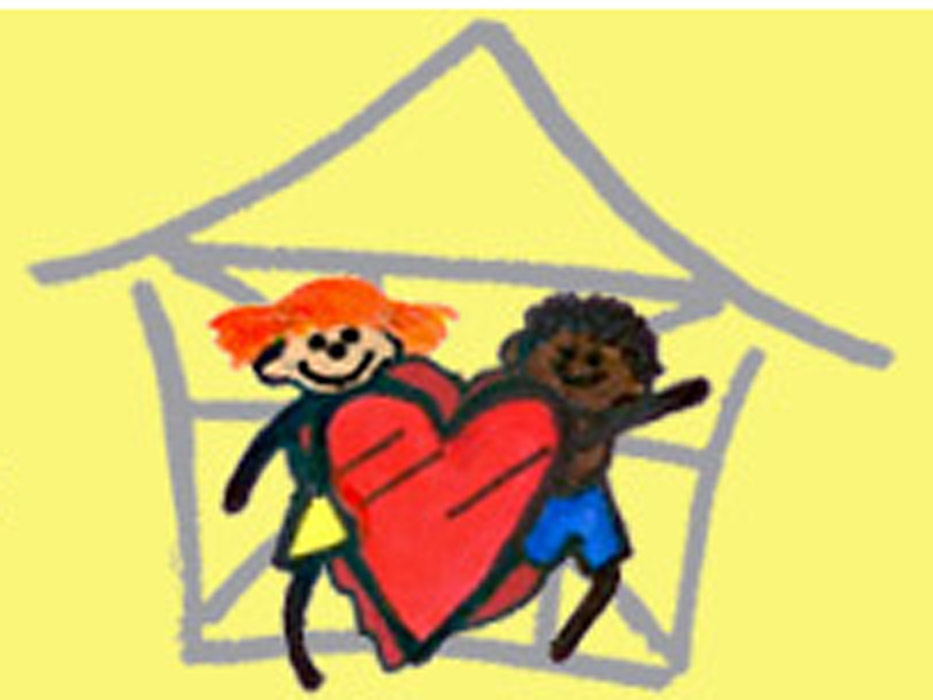 Logo mit weißem und farbigen Kind in Haus