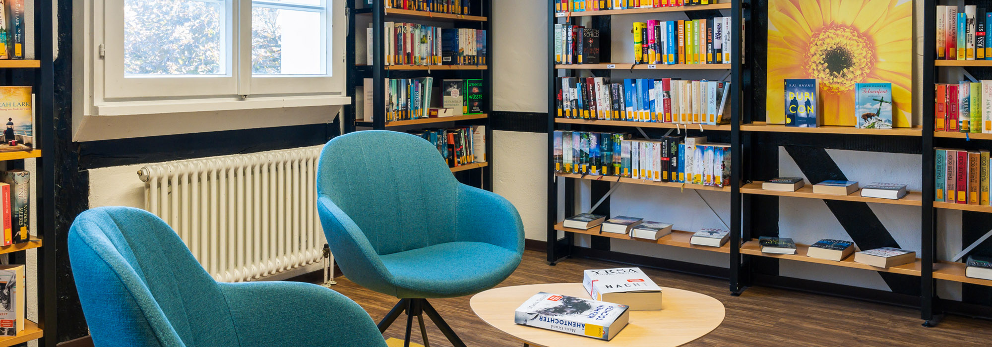 Foto vom Bücherei-Raum mit Romanen