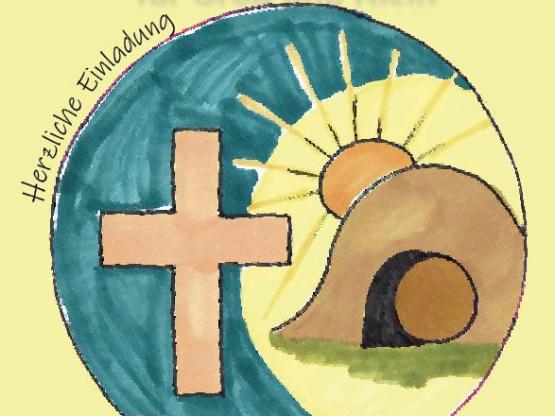 Einladungsplakat zum Kindergottesdienst am Ostermontag in St. Michael mit Ostersymbolen