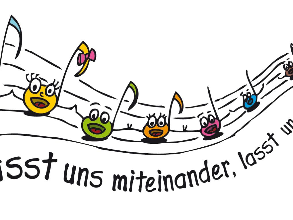 Bunte, fröhliche Noten mit Gesichtern auf einer Notenlinie, dazu Text 'Lasst uns miteinander'.