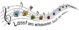 Familienchor (c) Bild: Sarah Frank | factum.adp In: Pfarrbriefservice.de Bunte, fröhliche Noten mit Gesichtern auf einer Notenlinie, dazu Text 'Lasst uns miteinander'.