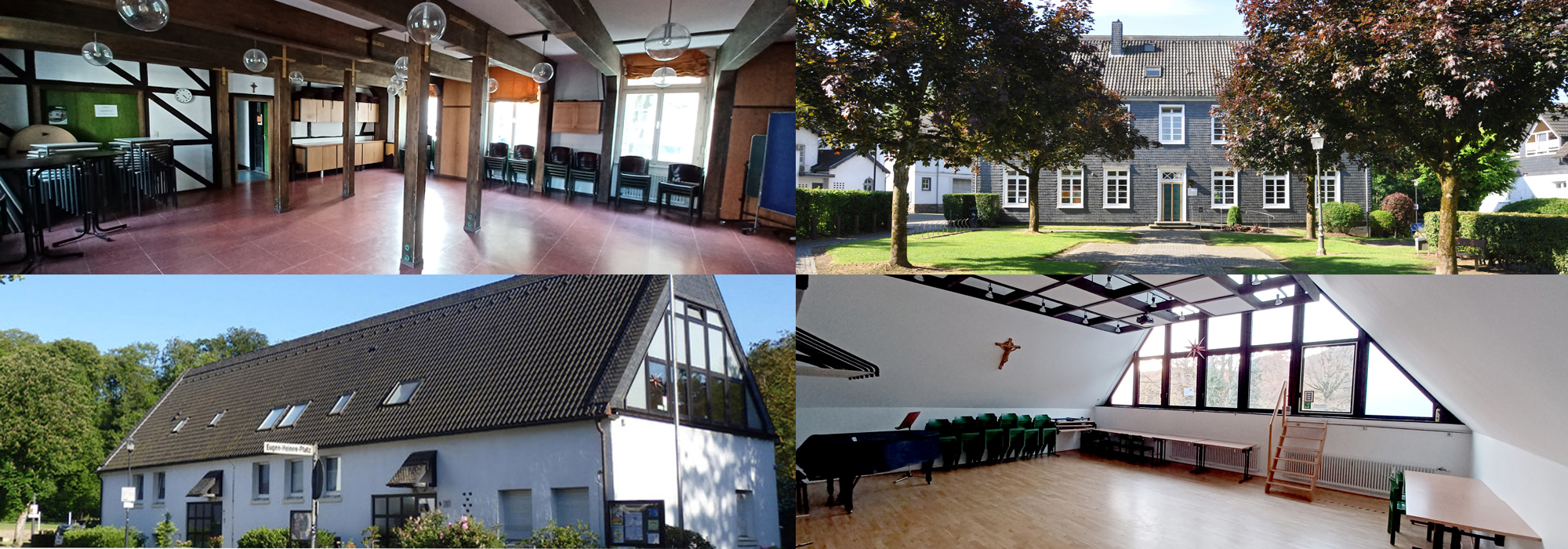 Außen und Innenansichten der Säle in den Pfarrheimen von Altenberg und Odenthal